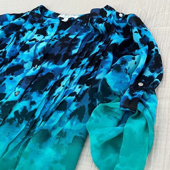 Watercolor Ombre Pattern Button Blouse Turquoise Navy Blue Beach Artsy Small Med - Picture 1 of 12
